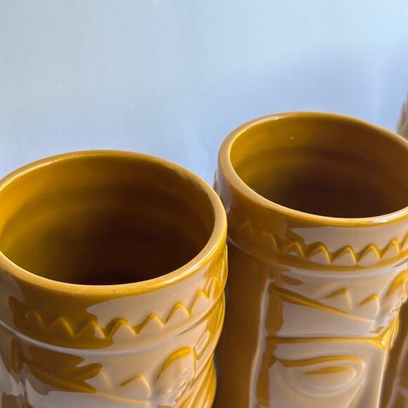 Set of 4 World Market Mustard Yellow Gold Tiki Mugs Ceramic Cups Retro Barware - Picture 3 of 7
